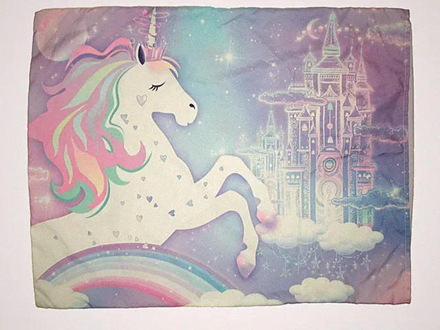(1) Unicorn Standard Pillowcase Sham Side Opening for Twin Sheets Rainbow Castle