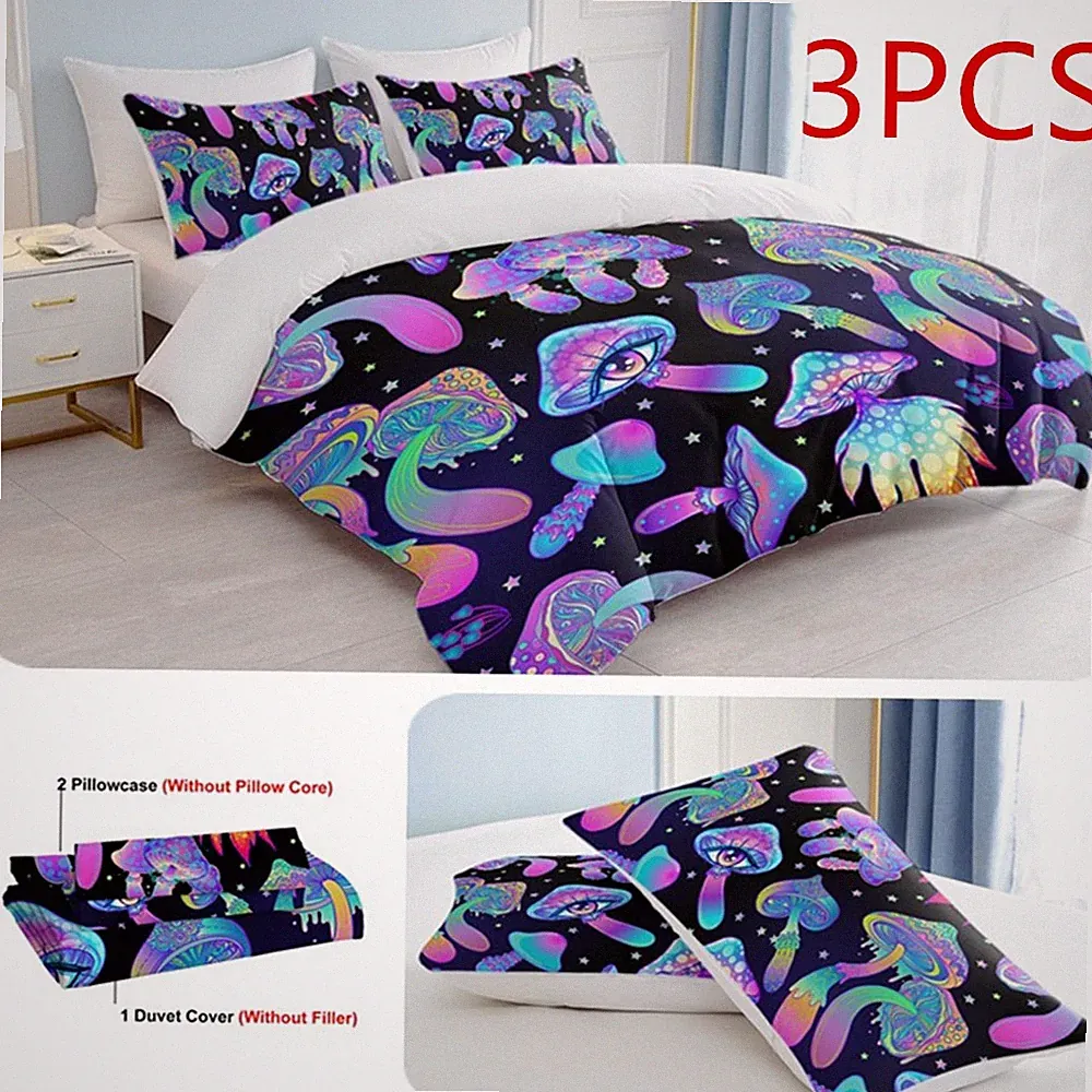3PCS Soft Duvet Cover Set Fantasy Mushroom Bedding Set Twin Full Size forBedroom