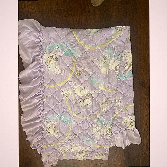 80s Sears Catalog young at heart, unicorn quilted lavender ruffle comforter twin