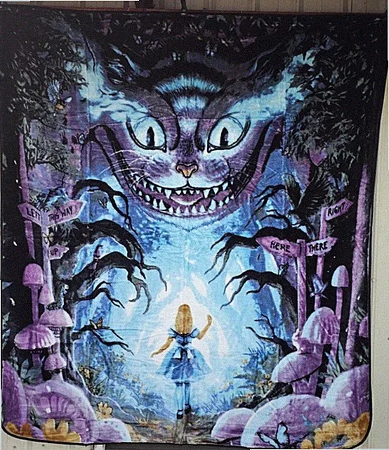ALICE WONDERLAND CHESHIRE CAT BUTTERFLY MUSHROOM FANTASY QUEEN BLANKET BEDSPREAD