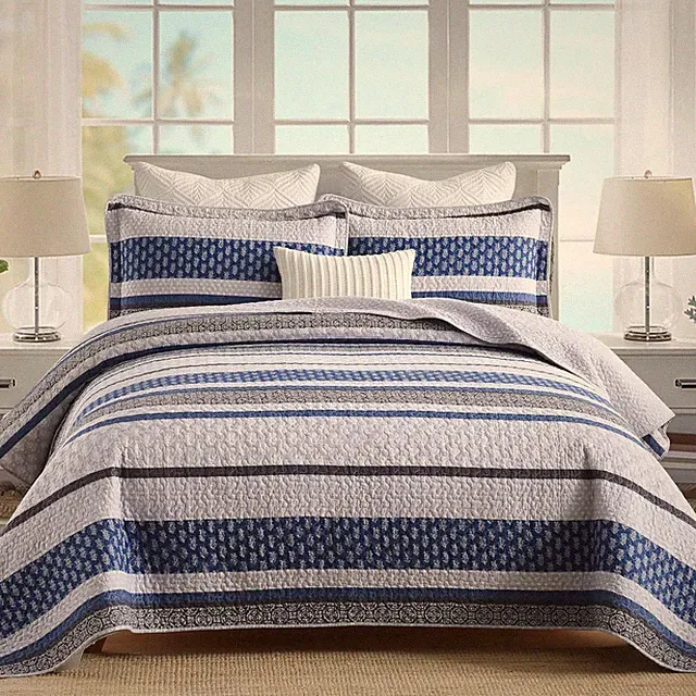 Bedding Set, King Size Quilt, 100% Cotton, Blue Floral Striped, All Season, 3 Pi