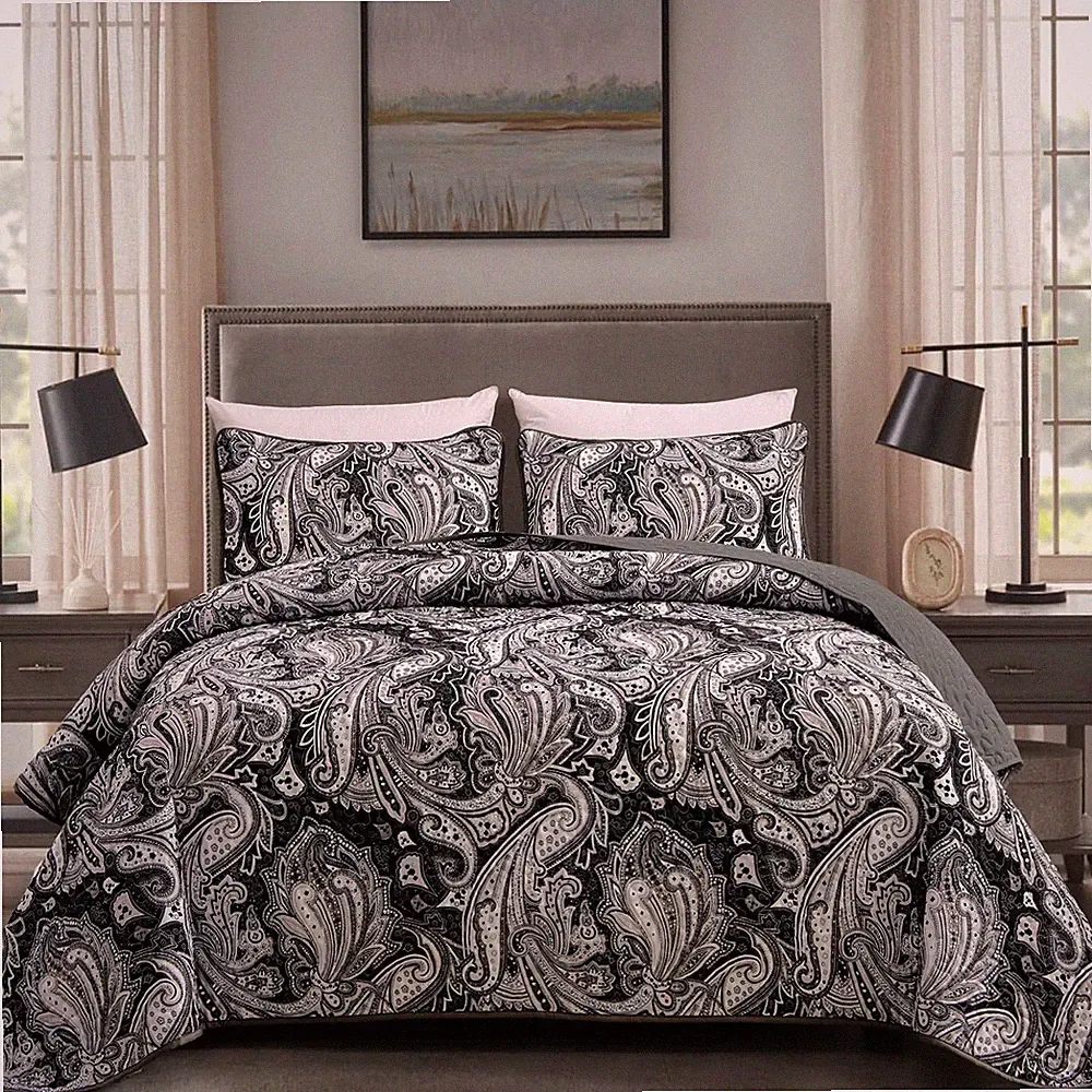 Black Paisley Quilt Set Queen Size Boho Bedspread Coverlet Set 3 Pieces, Soft...