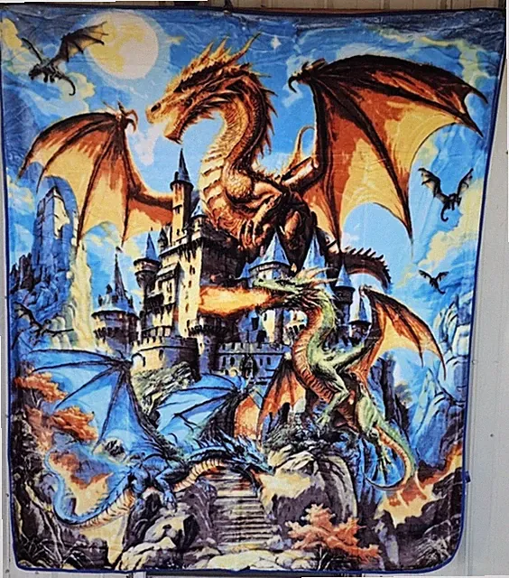 CASTLE AGE OF DRAGONS FIRE FANTASY MYTHICAL DRAGON QUEEN SIZE BLANKET BEDSPREAD