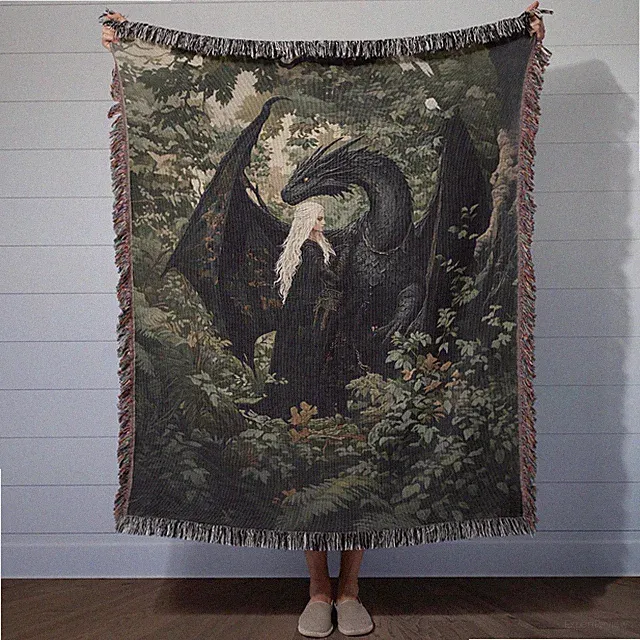 Dark Fantasy Witch Wyvern Forest Woven Tapestry Blanket Gothic Decor