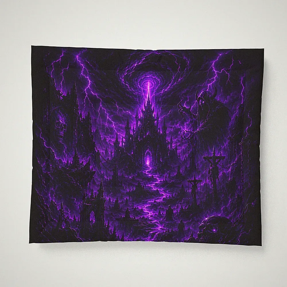 Dark Purple Lightning Castle comforter | gothic fantasy bedding