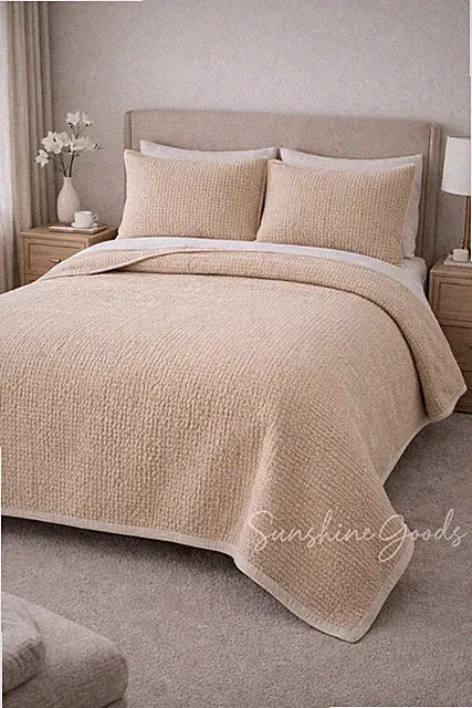 Donna Karan QUEEN Velvet Quilt Set Gold Sateen Hand-Stitched Cotton Shams