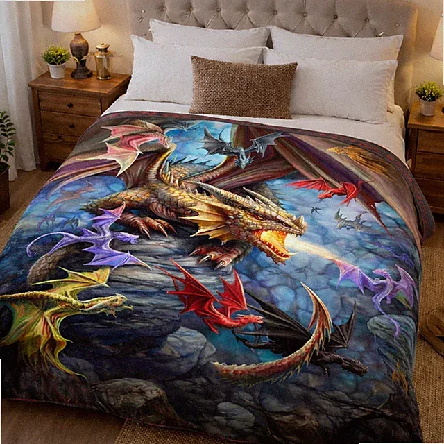 Dragon Blanket, Plush Queen Size Throw, Collage of Dragons, Fantasy, Soft & Warm