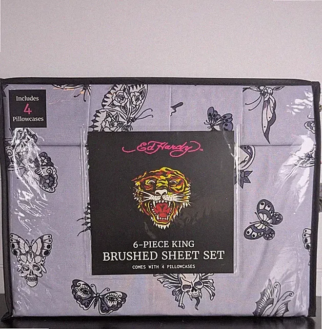 Ed Hardy 6-pc King Sheet Set w/4 Pillowcases, Skulls, Butterflies, Lavender NEW