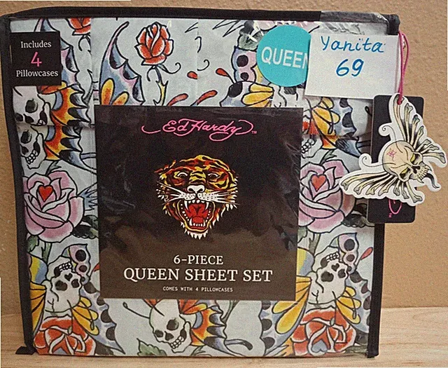 Ed Hardy Blue 6pc Queen Sheet Set Skull Butterflies Tattoo Print w/4 Pillowcases