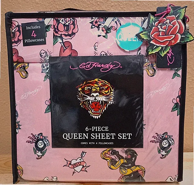 Ed Hardy Pink 6pc Queen Sheet Set Panthers,Snakes,Roses Print w/4 Pillowcases