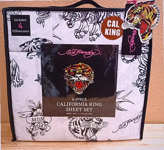 Ed Hardy White 6pc CAL KING Sheet Set Skulls, Tiger Tattoo Print w/4 Pillowcases