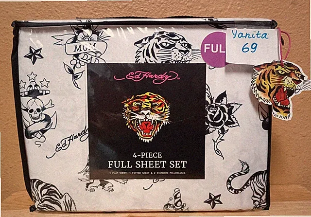 Ed Hardy White/Black 4 pc FULL Sheet Set Tigers,Roses,Skulls Tattoo Print
