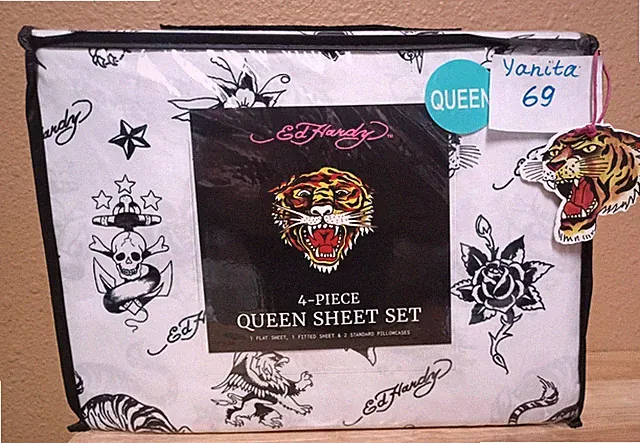 Ed Hardy White/Black 4 pc Queen Sheet Set Tigers,Roses,Skulls Tattoo Print