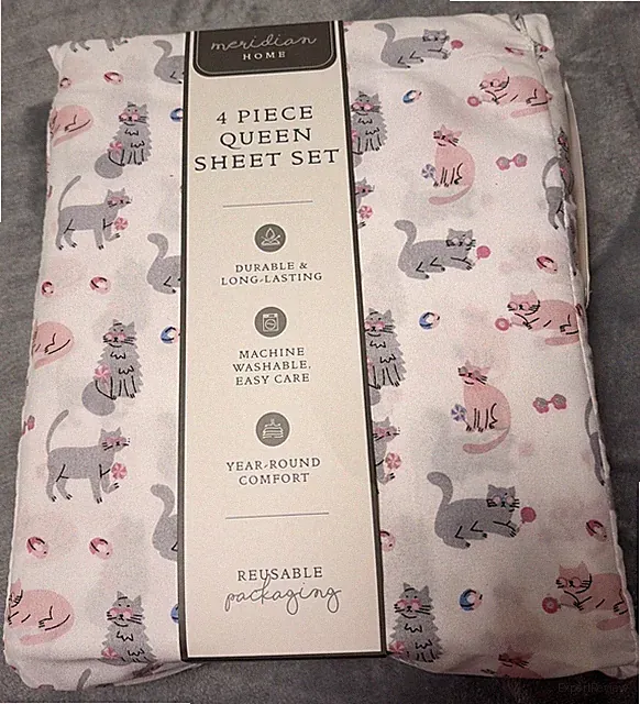Four Piece White Full Sheet Set,Pink Gray Kitty Cat Print ,New Mandarin Home