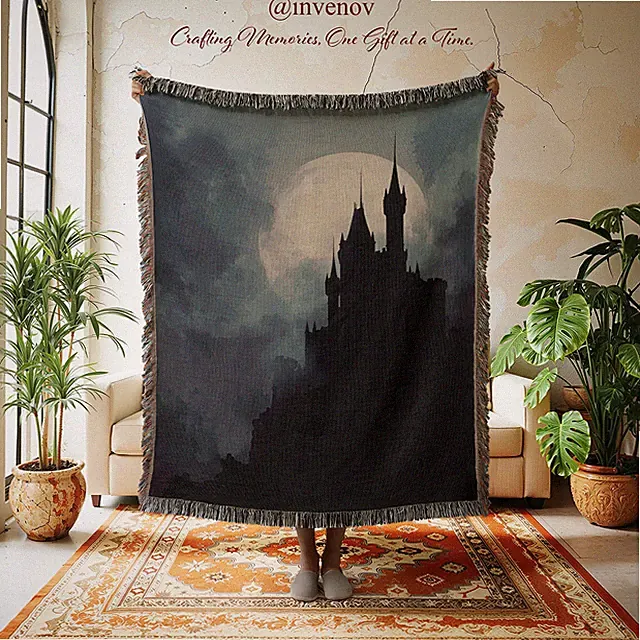 Gothic Castle Woven Blanket, Full Moon Fantasy Throw, Dark Academia Decor