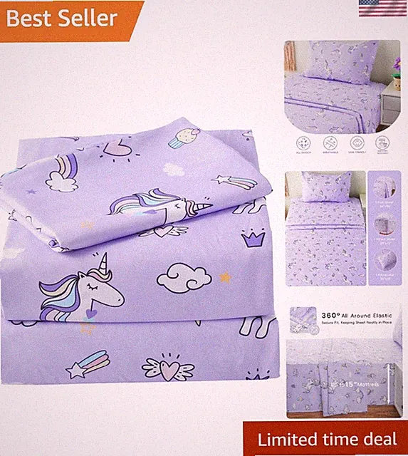 Kids Twin Sheet Set Unicorn - 3 Piece Soft Microfiber Bed Sheets - Deep Pocke...