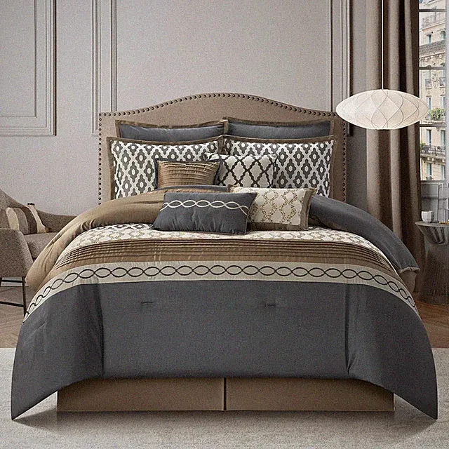 King Size 10-Piece Geometric Comforter Set in Taupe/Grey