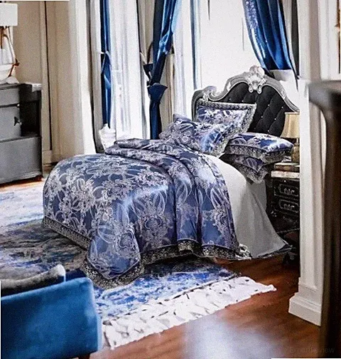 Luxury Satin Set 4Pc King Size Bed Sheet Duvet Cover Flower Blue Embroidery Lace