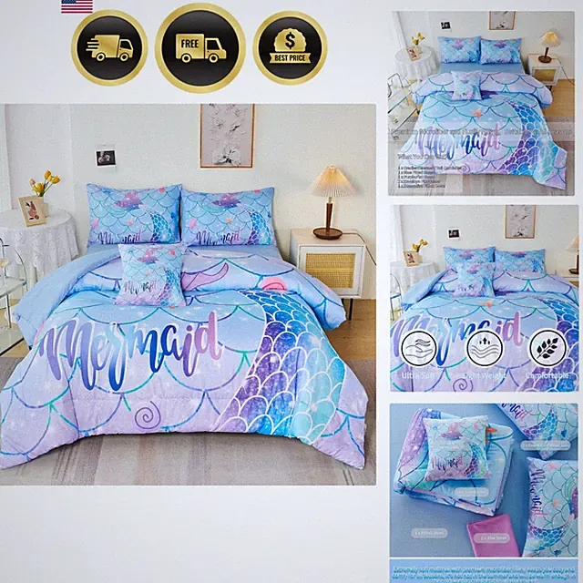 Mermaid Bed Set Kids Girls Twin Comforter Sheets Pillowcases Decor Fantasy