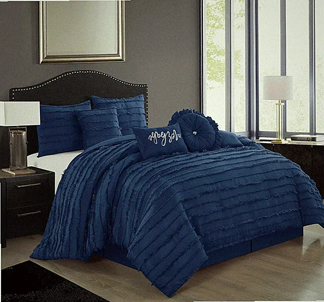 Navy King Size 7-Piece Comforter Set with Shams & Bedskirt