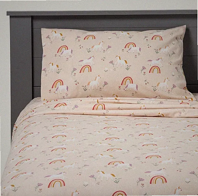 Pillowfort 3 PC Queen Flannel Sheet Set Top Fitted PC Pink Magic Unicorn