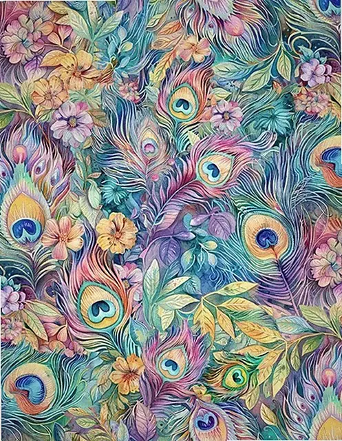 "Wild Beauty" Fantasy Peacock Plumes & Floral Fabric•1 yd BTY*Gorgeous! Fast Shi