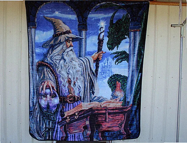 WIZARD DRAGON CASTLE CRYSTAL BALL SPELL BOOK MAGIC QUEEN SIZE BLANKET BEDSPREAD