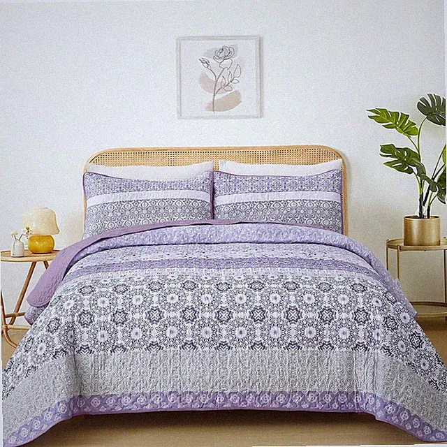 WONGS Boho Quilt Queen King Lavender Purple Striped Patchwork Lightweight soft