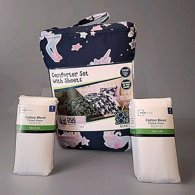 Your Zone 8pc Glow in the Dark Unicorn Bed in a Bag Twin Blue Purple Pink New